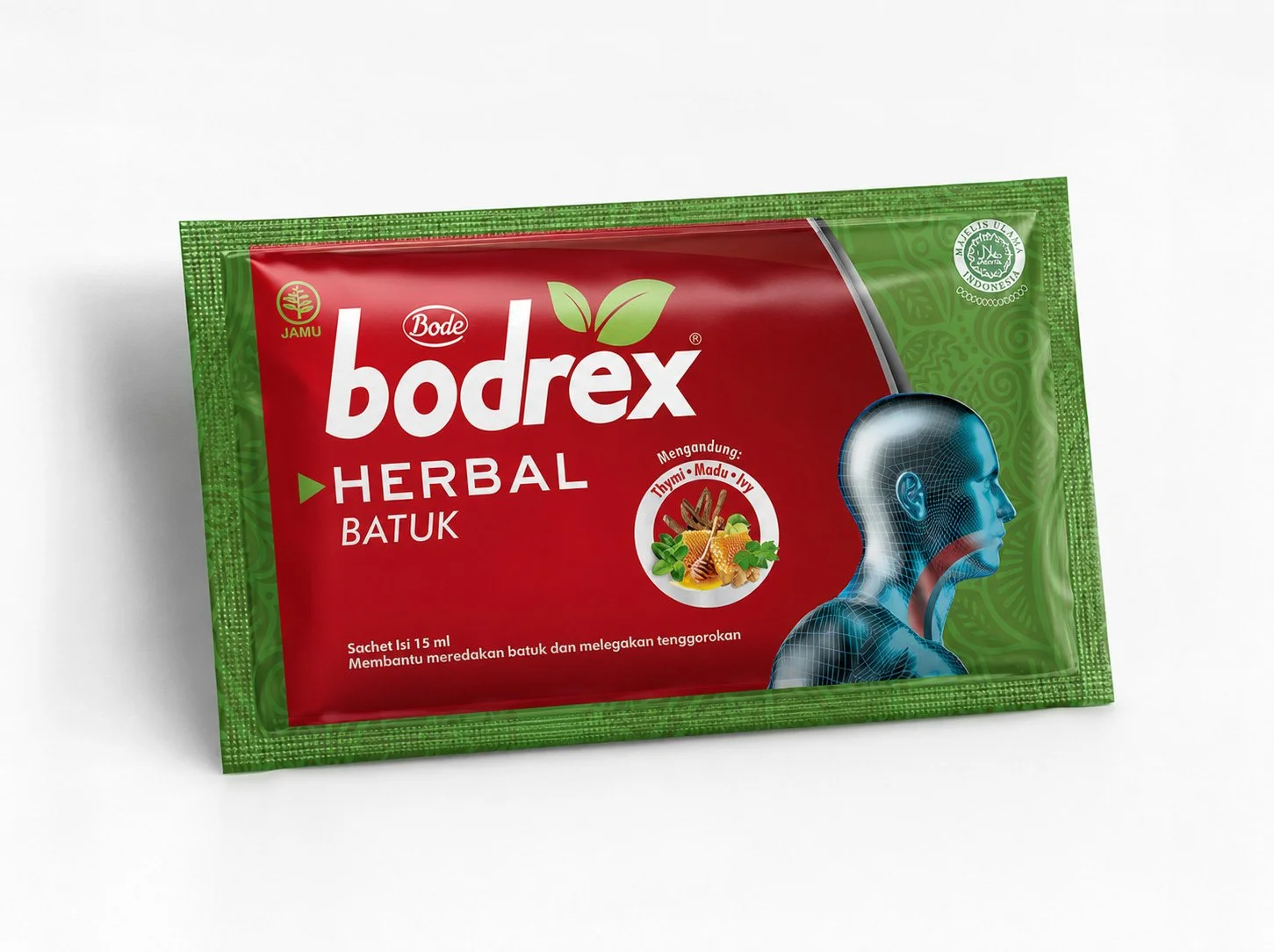 A flexible green and red sachet packaging pouch layout for Bodrex Herbal Batuk