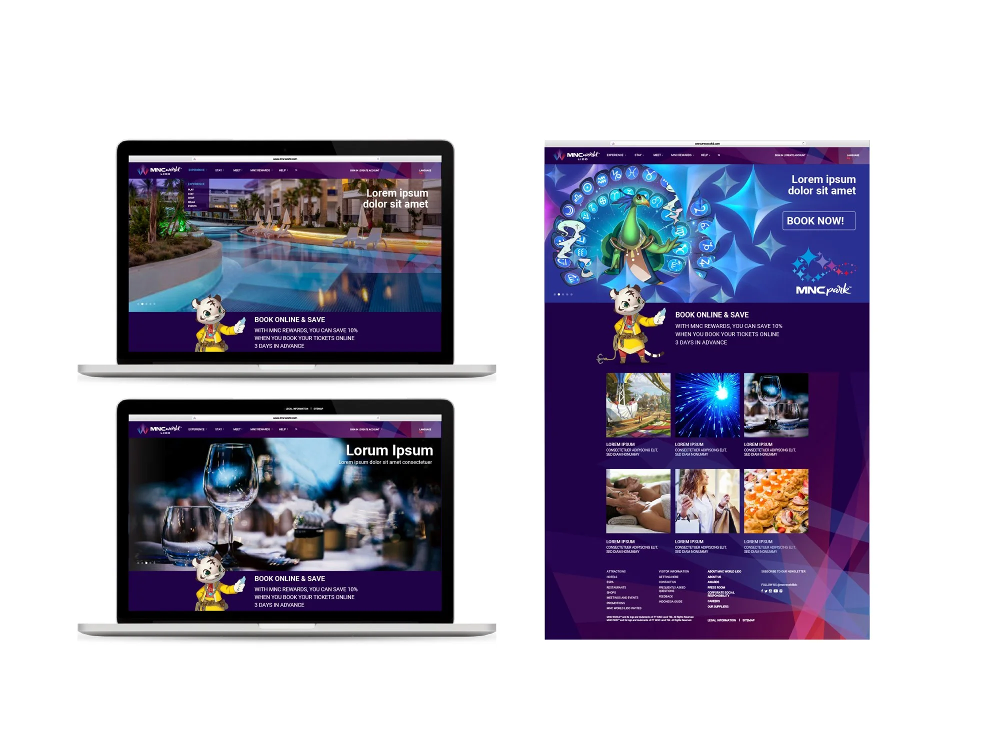 Digital UI mockups displayed on a laptop alongside a premium dark purple marketing pamphlet layout