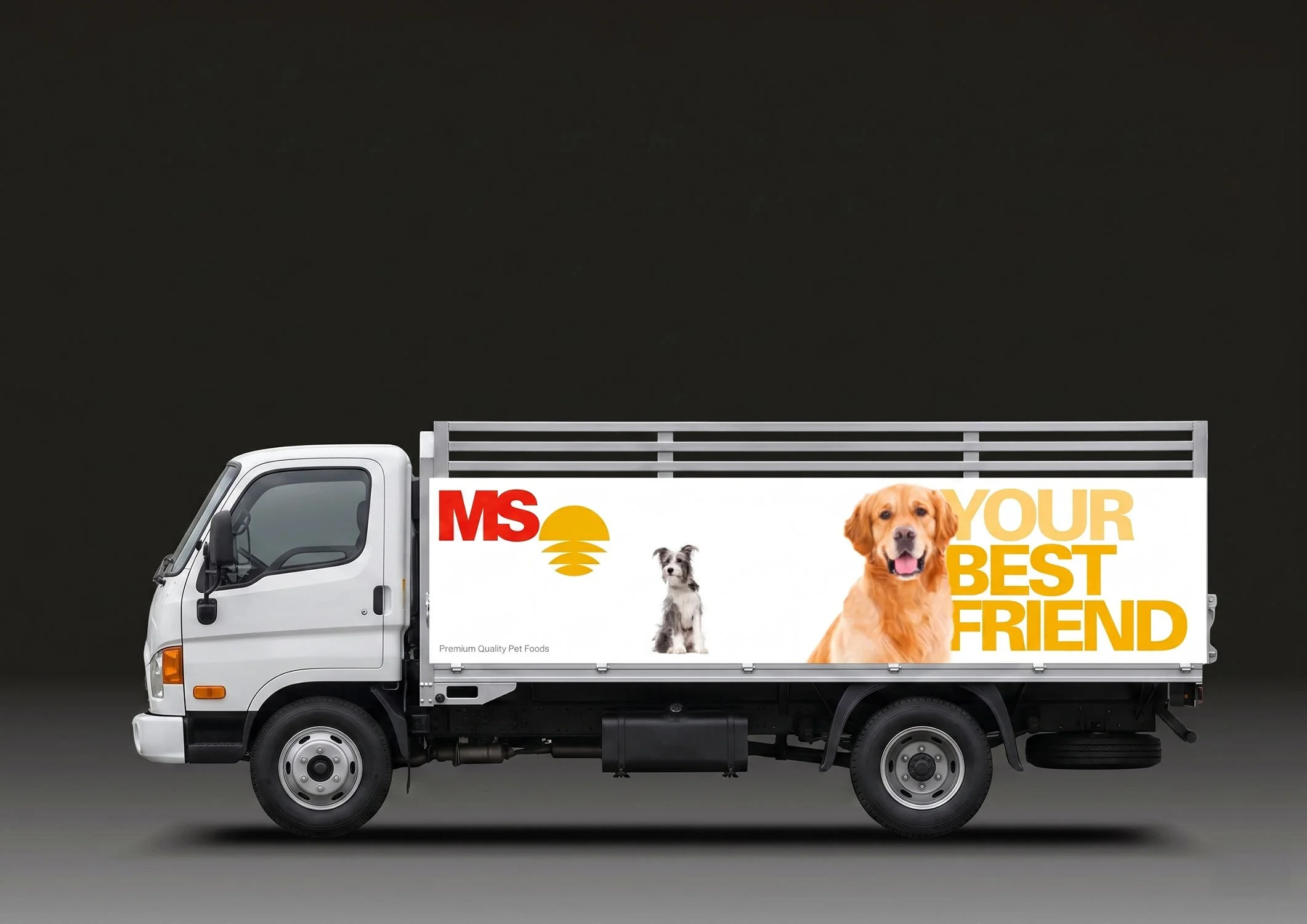 A corporate delivery truck mockup featuring MS branding with dog imagery and 'Your Best Friend' typography