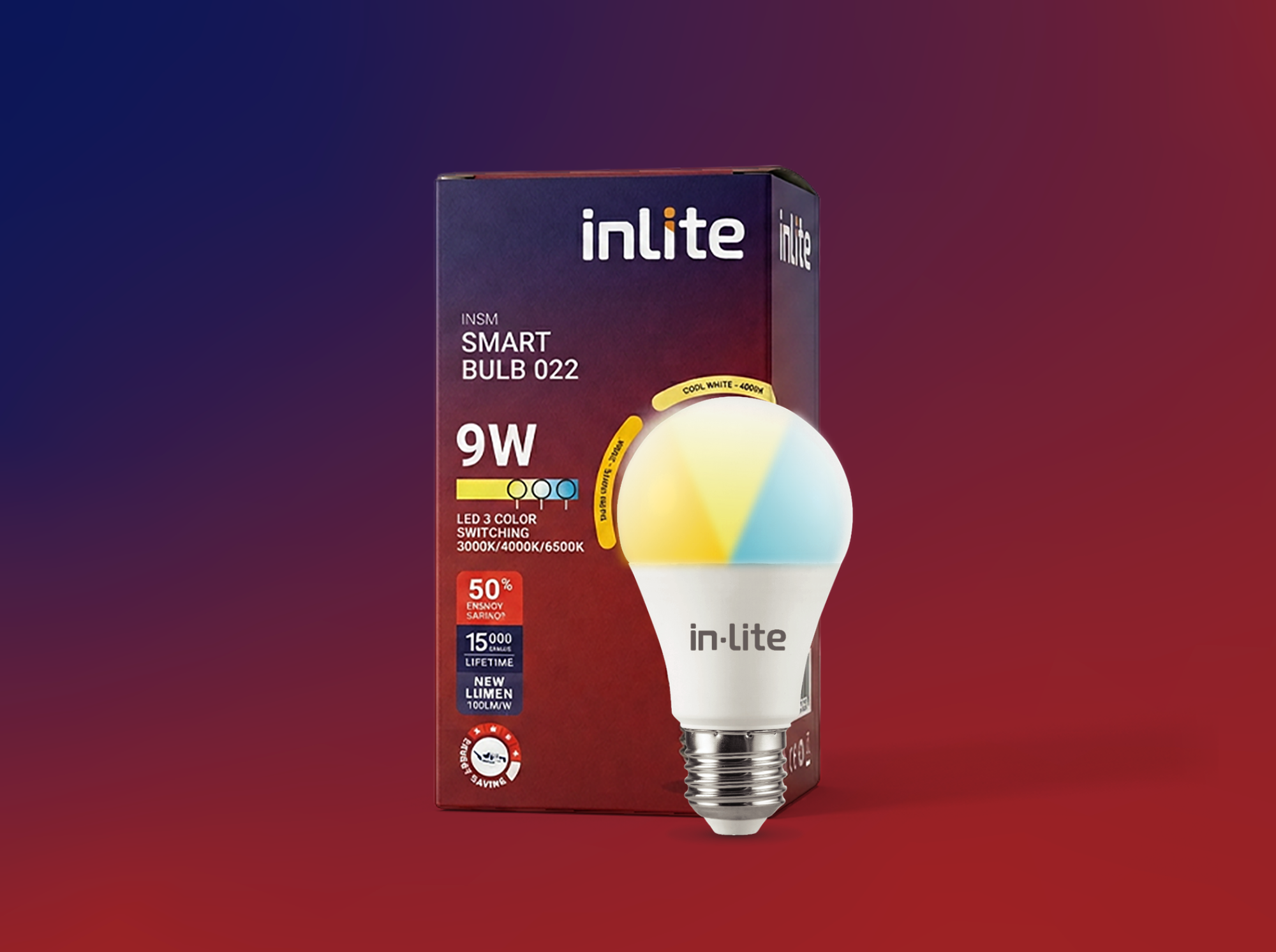 A box of inLite smart LED light bulb with color changing capabilities, 9 watts, indicated to last a lifetime, and compatible with dimming switches.