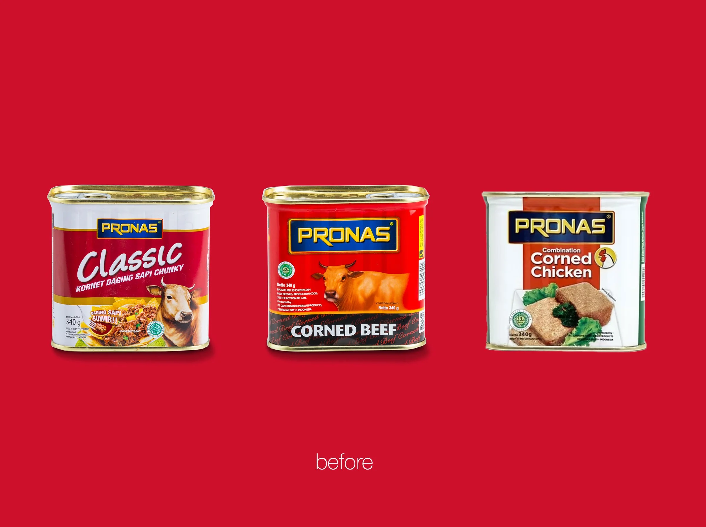 Three vintage PRONAS canned food labels shown in a 'before' snapshot