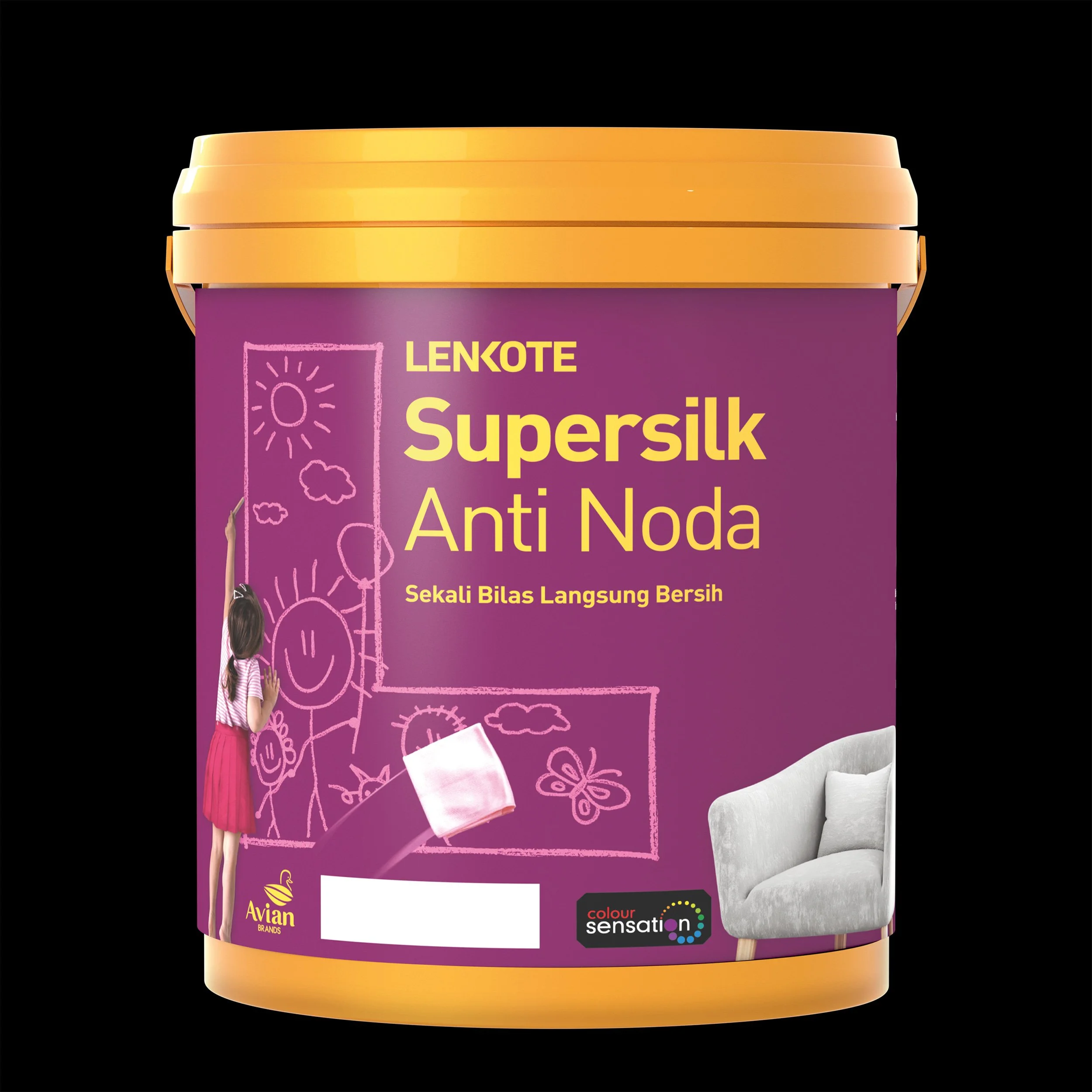 A purple Lenkote Supersilk Anti Noda stain-resistant paint bucket featuring playful children's illustrations