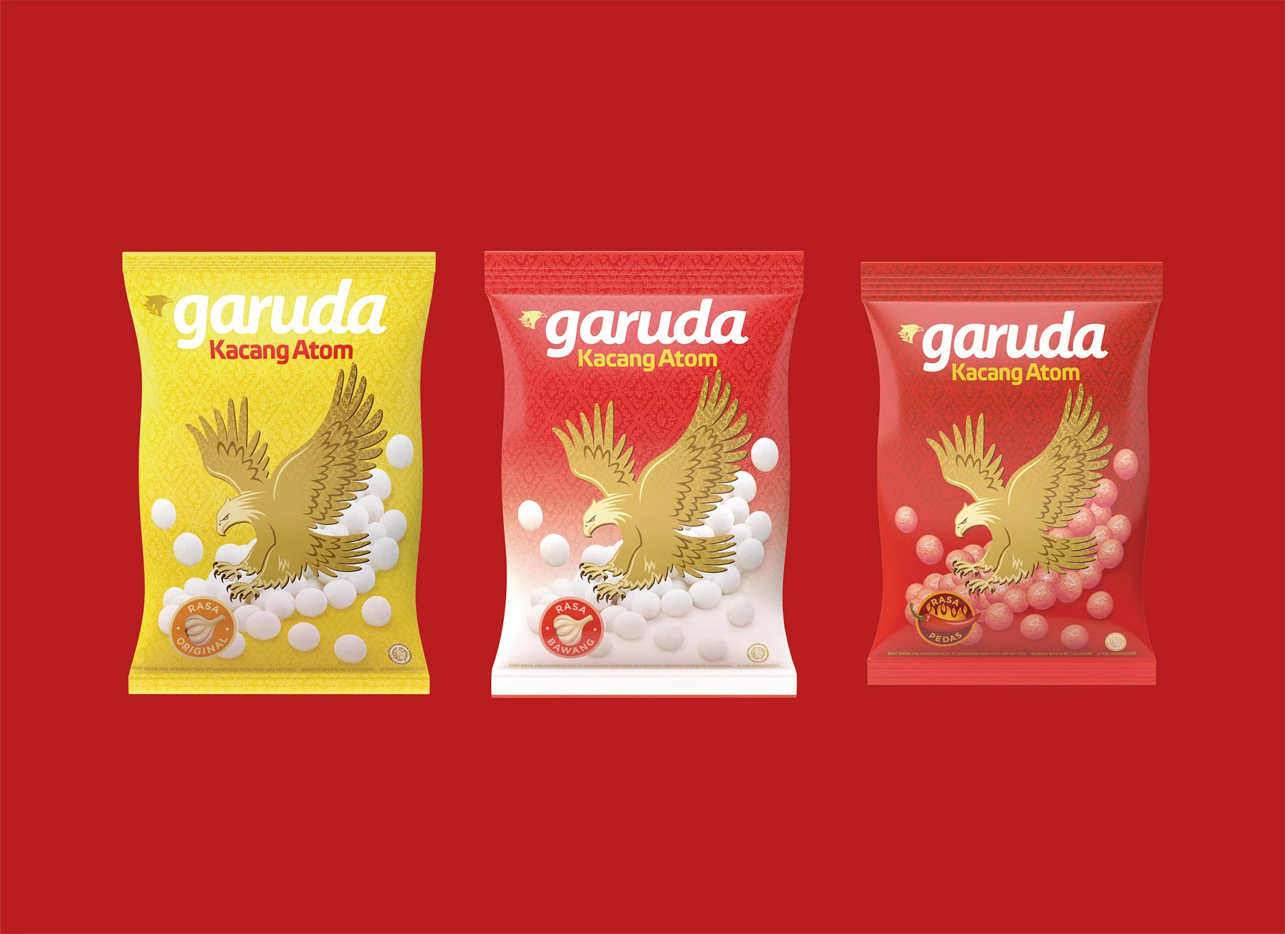 Garuda peanut snack packaging — three-pack variants  for kacang atom