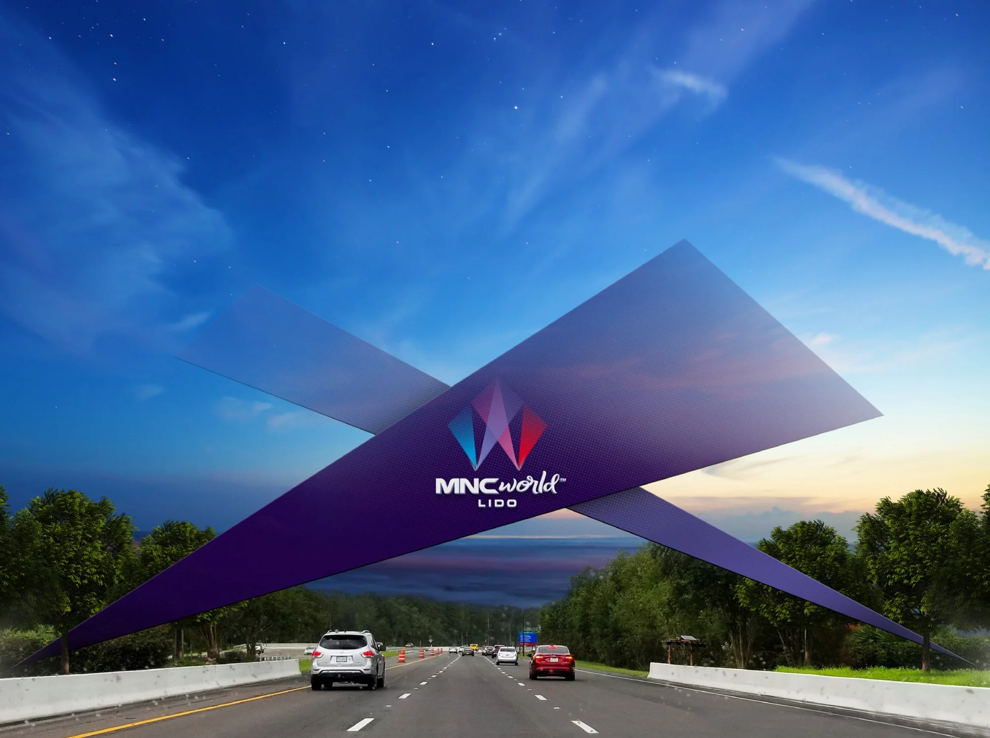 A structural 3D visualization of a massive blue architectural entrance gateway over a highway leading into MNC World Lido