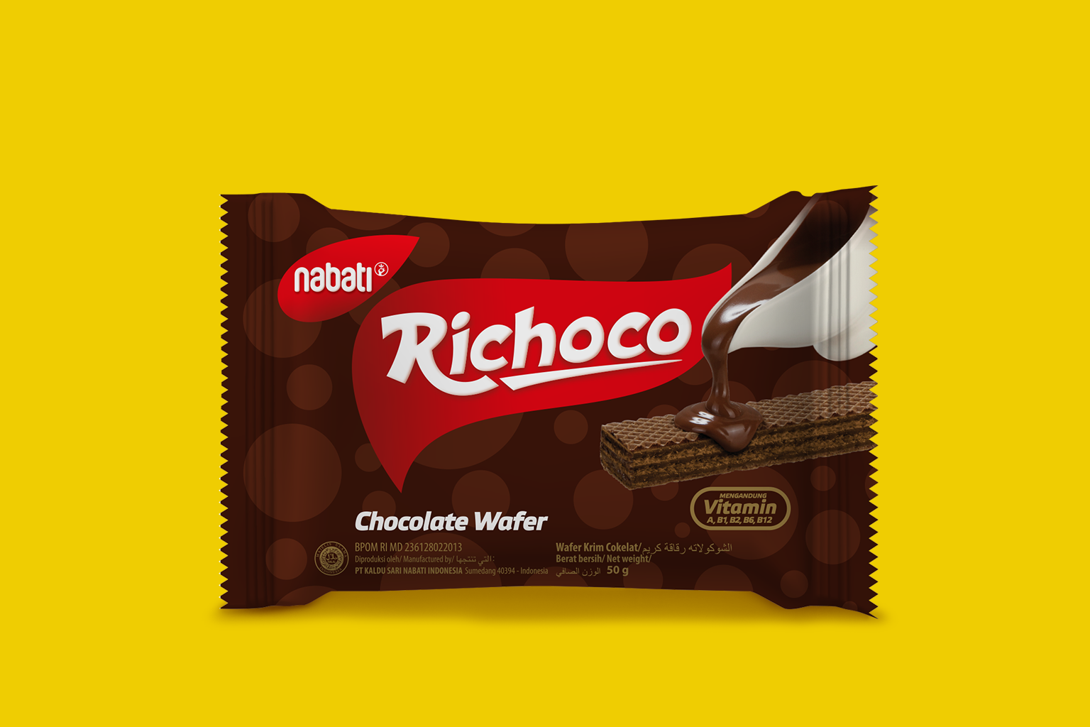 Nabati Richoco chocolate wafer wrapper design featuring brown chocolate swirl graphics