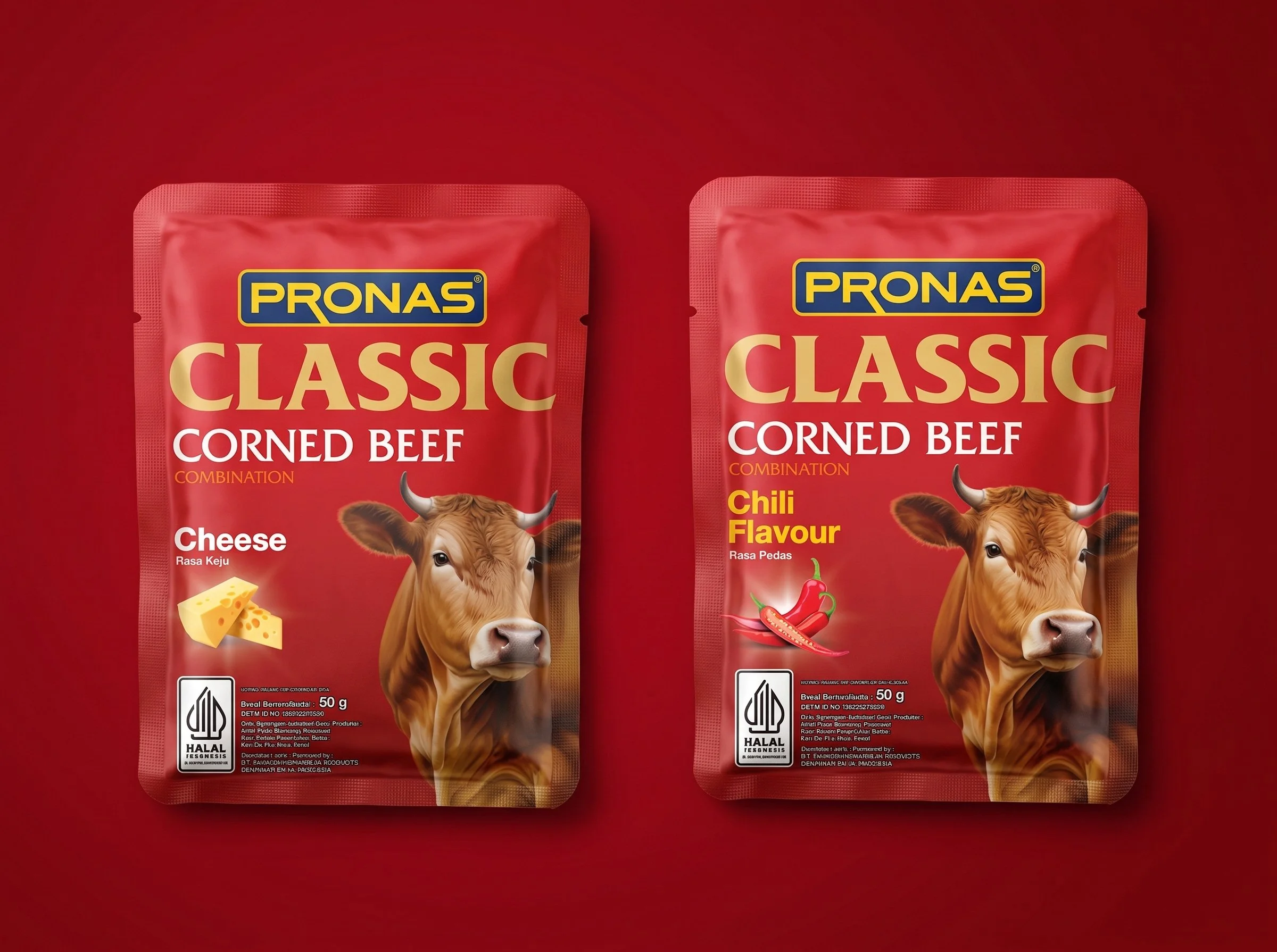 Two PRONAS Classic Corned Beef packaging pouches – cheese and chili flavor variants