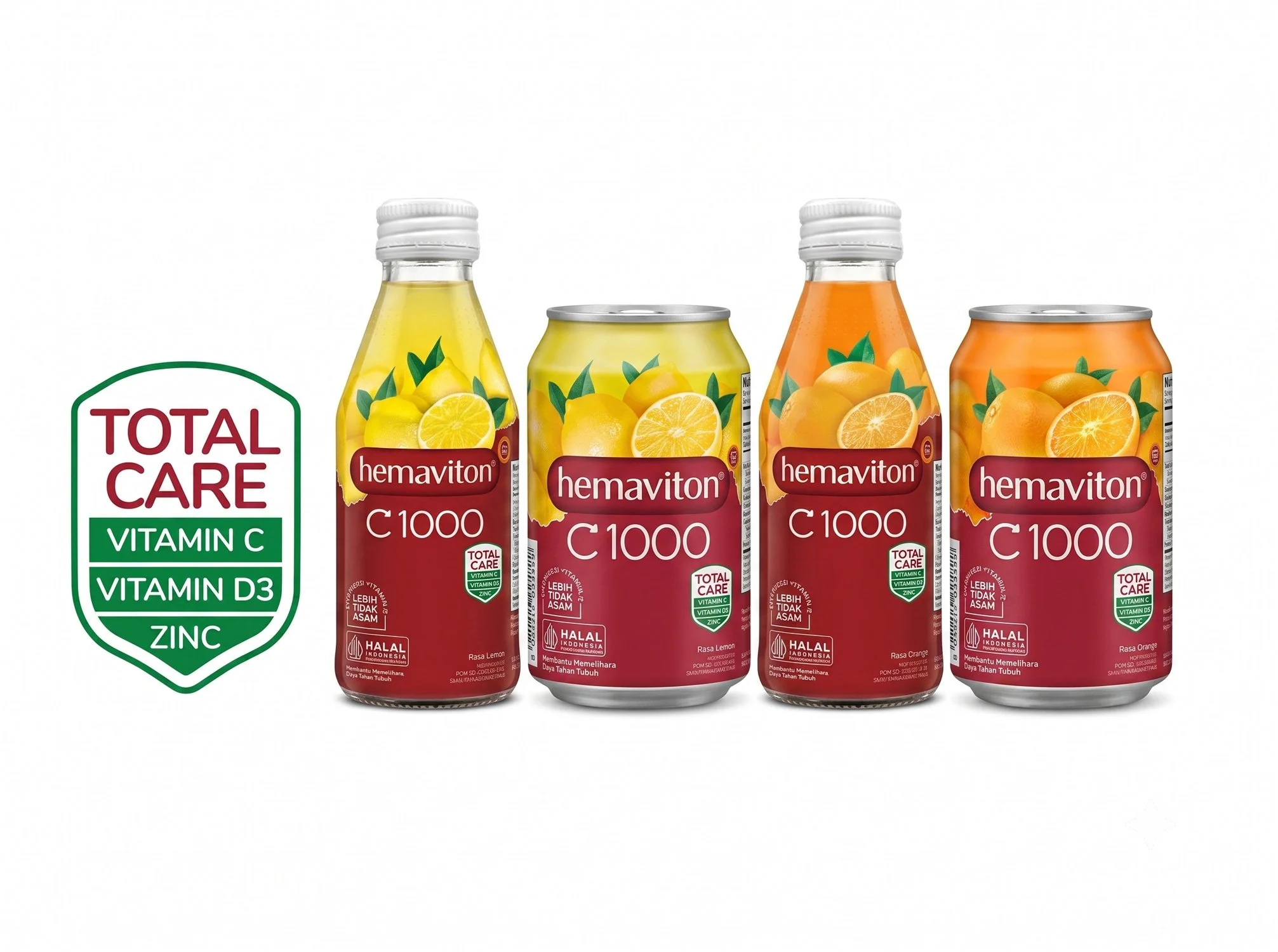 A product family lineup of Hemaviton C1000 orange and lemon drinks in glass bottles and aluminum cans