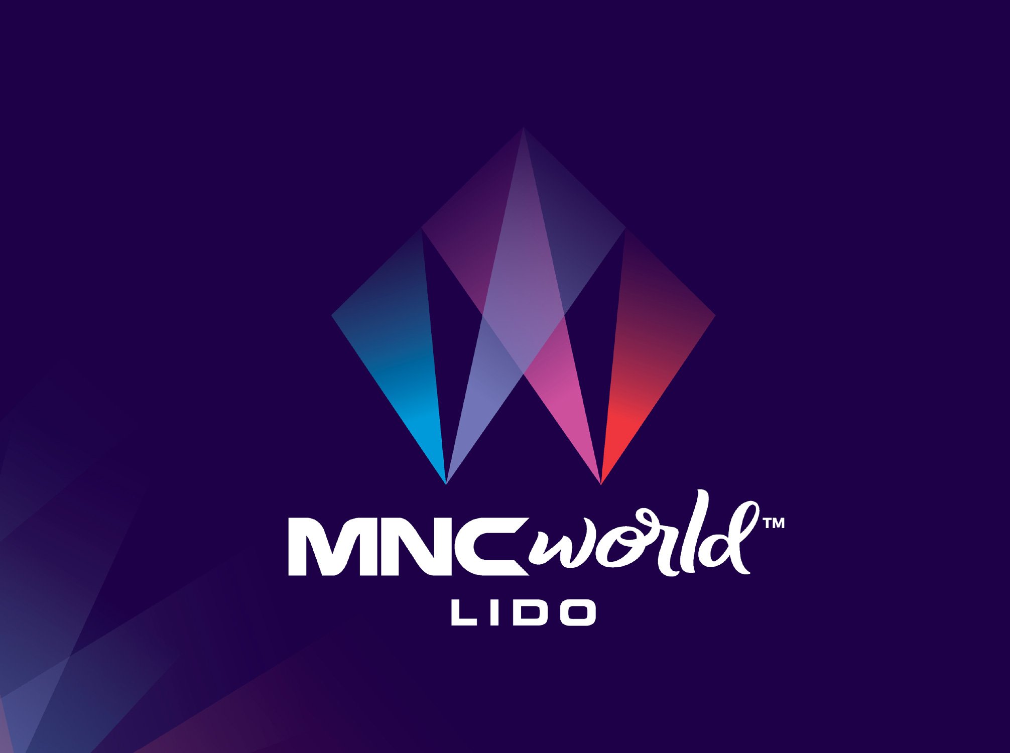 The geometric crown-shaped MNC World Lido corporate logo in gradient purple and pink hues on a dark purple background