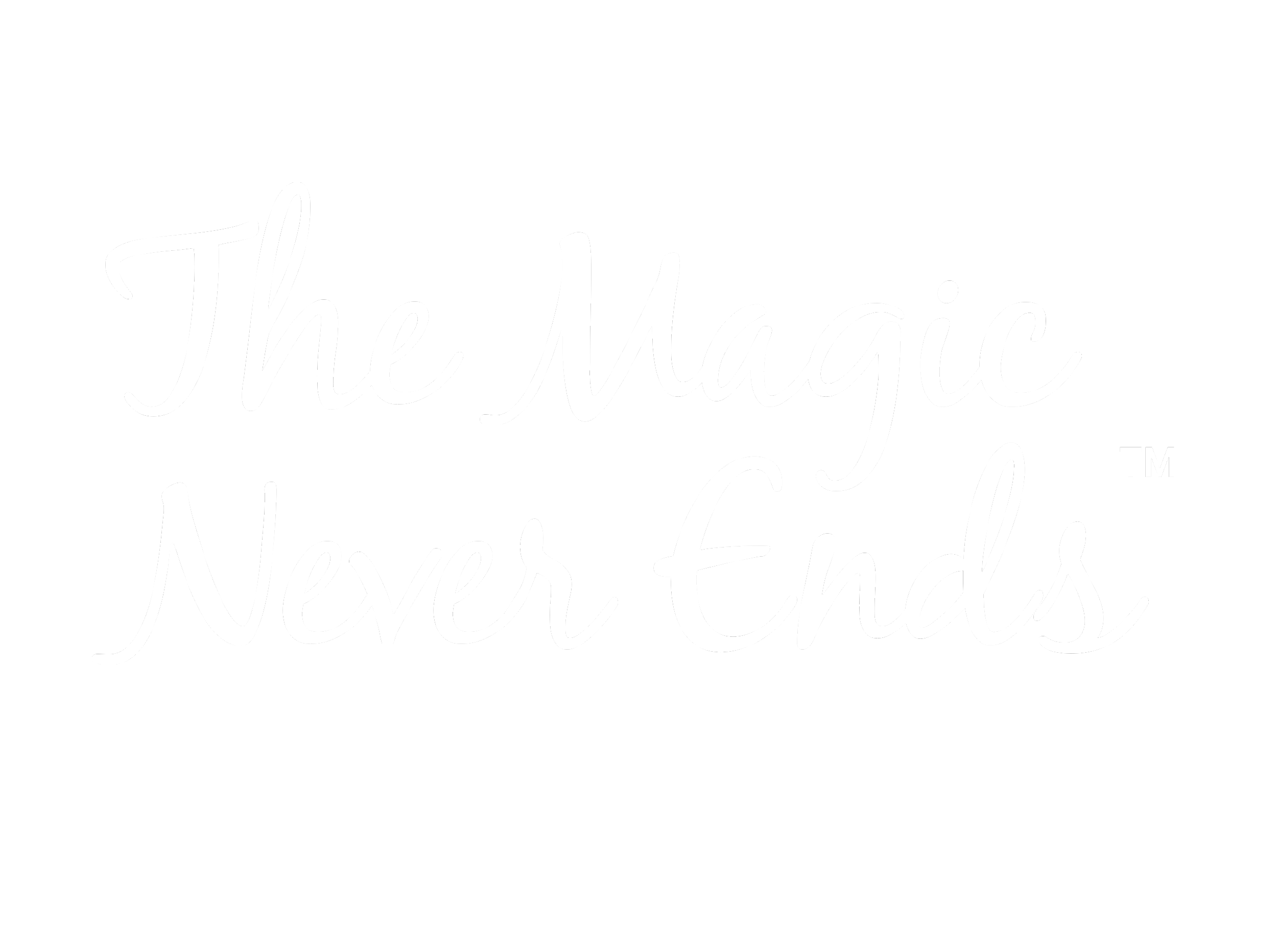 The official cursive script tagline graphic reading 'The Magic Never Ends' in white typography