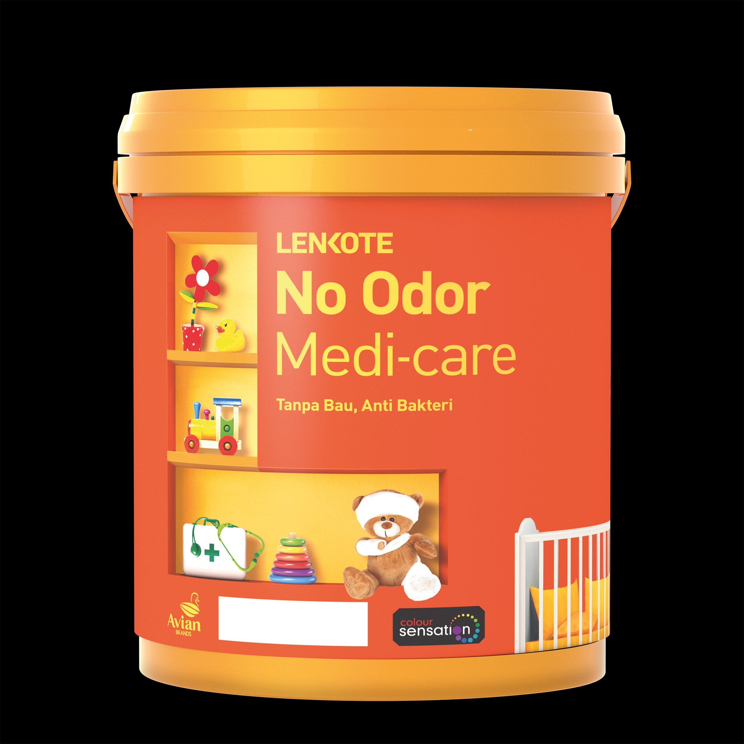 An orange Lenkote No Odor Medi-care anti-bacterial paint pail featuring children's nursery graphics