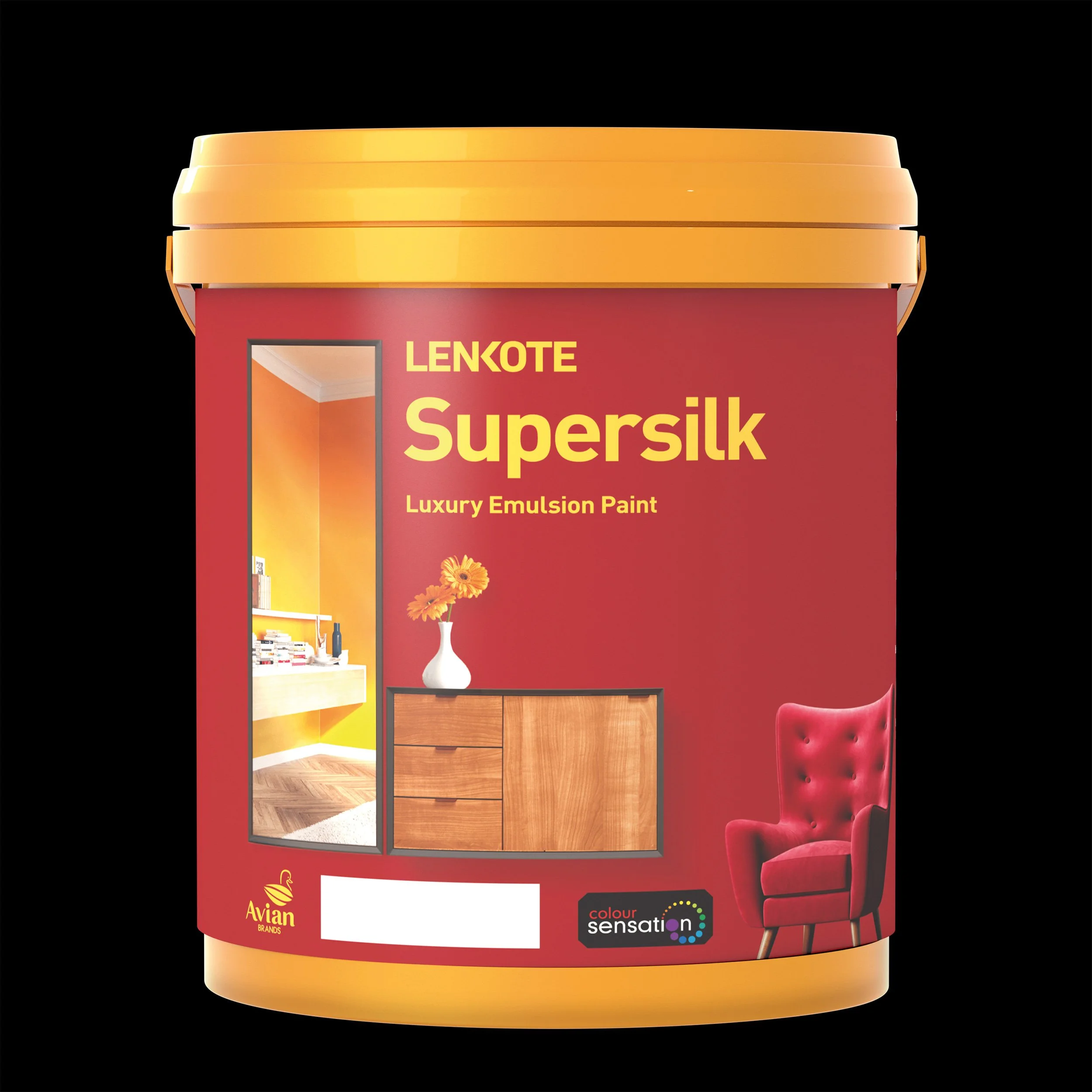 A premium Lenkote Supersilk luxury wall paint container displaying home interior graphics