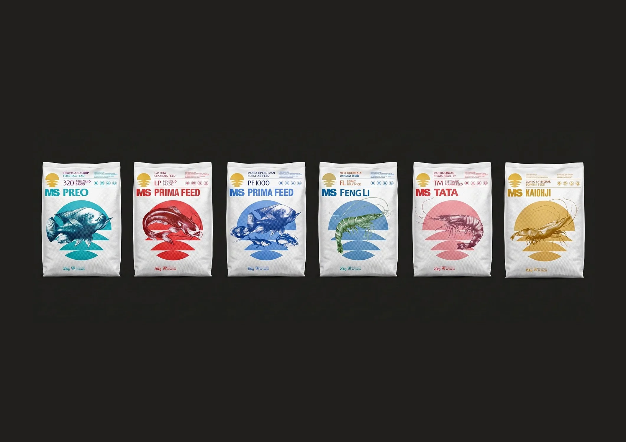A horizontal lineup of diverse Matahari Sakti commercial animal feed packaging sacks