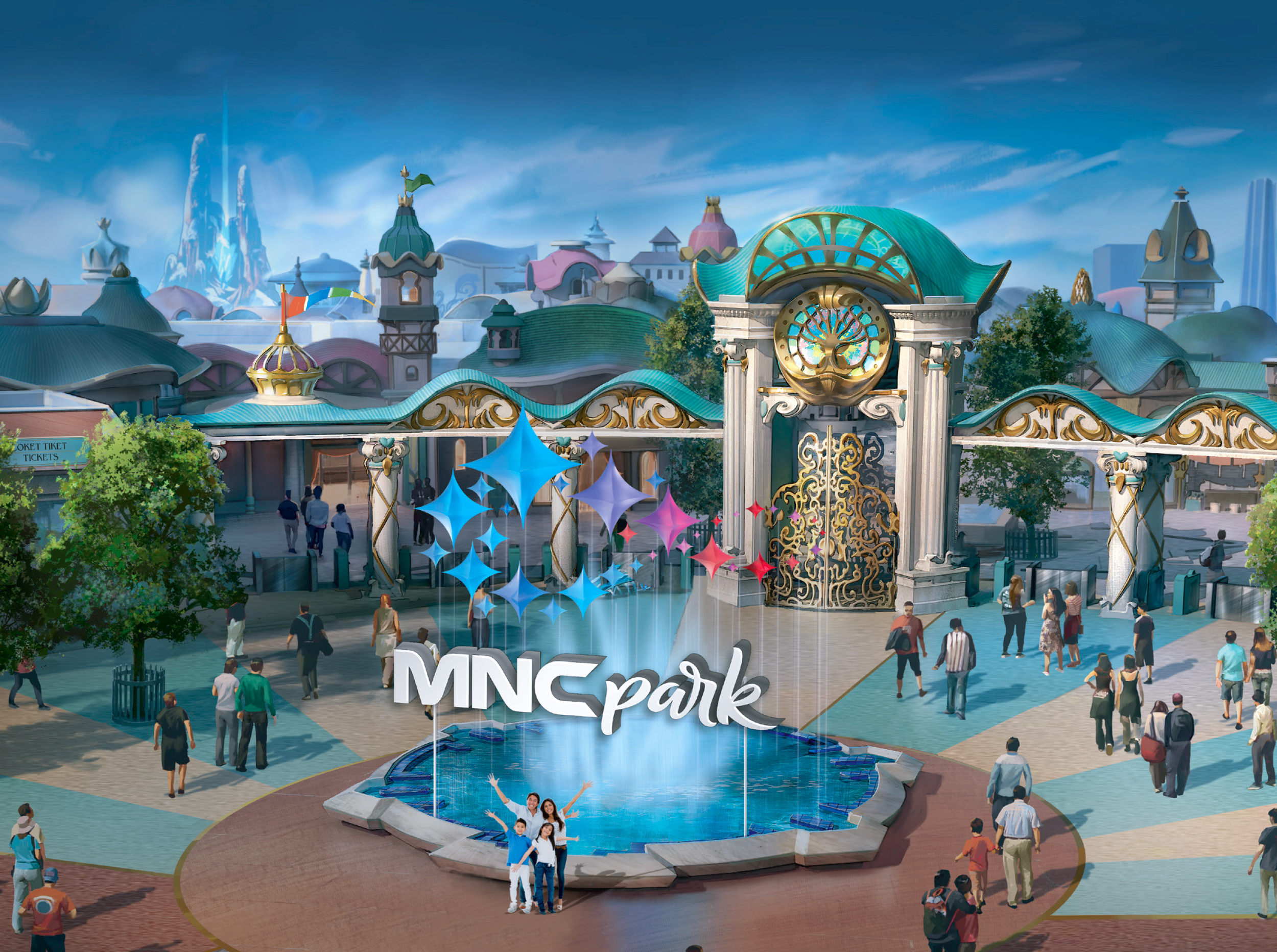 Entrance of MNC Park amusement park with a fountain and a large sign, surrounded by visitors and decorative elements.