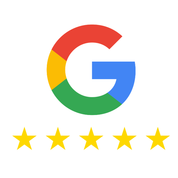 Google logo with five yellow stars beneath it, representing a five-star rating.