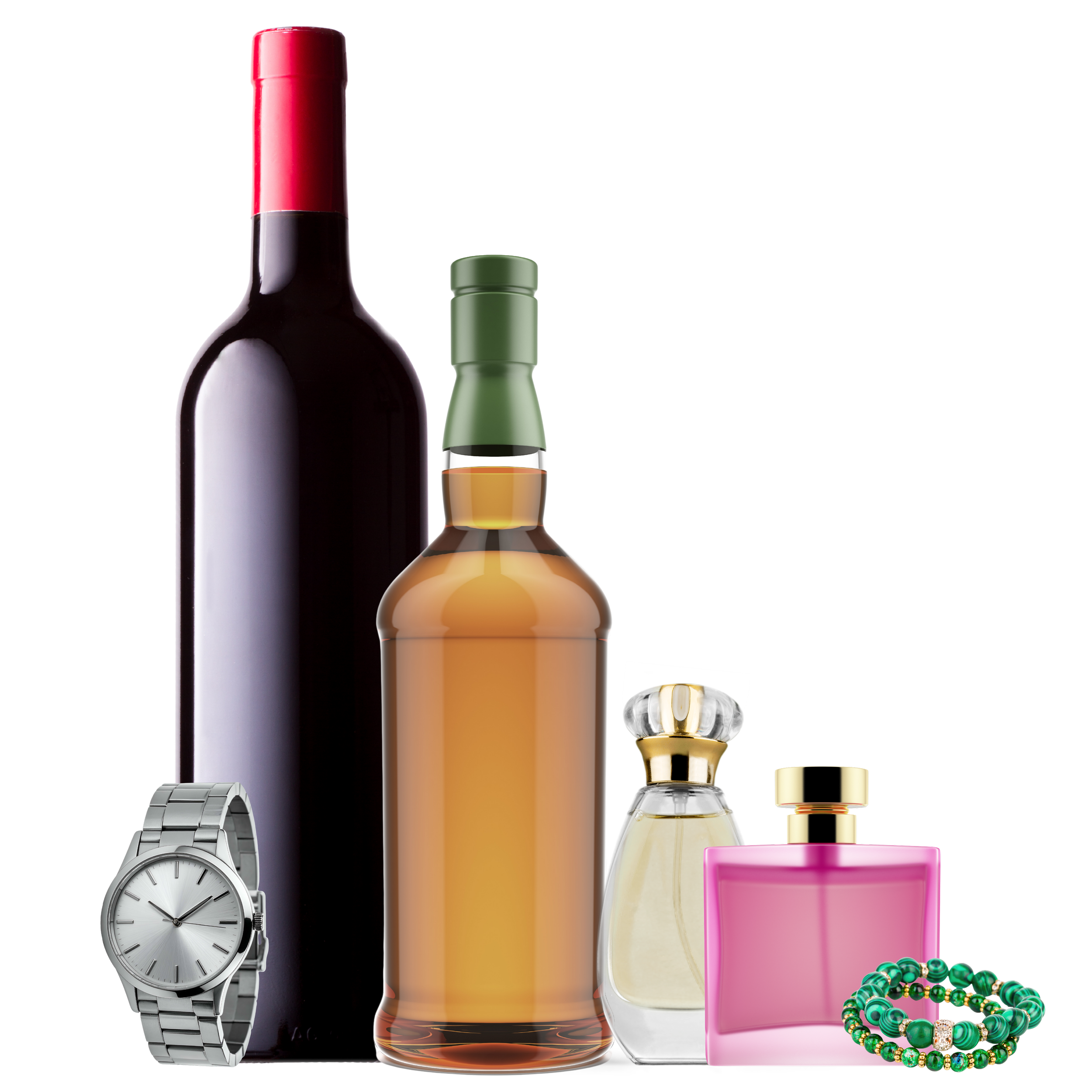 Assorted personal accessories including a silver wristwatch, a bottle of red wine, a green perfume or cologne bottle, a pink perfume or cologne box, a yellow liquid soap or lotion bottle, a beaded green and gold bracelet, and a small glass container.