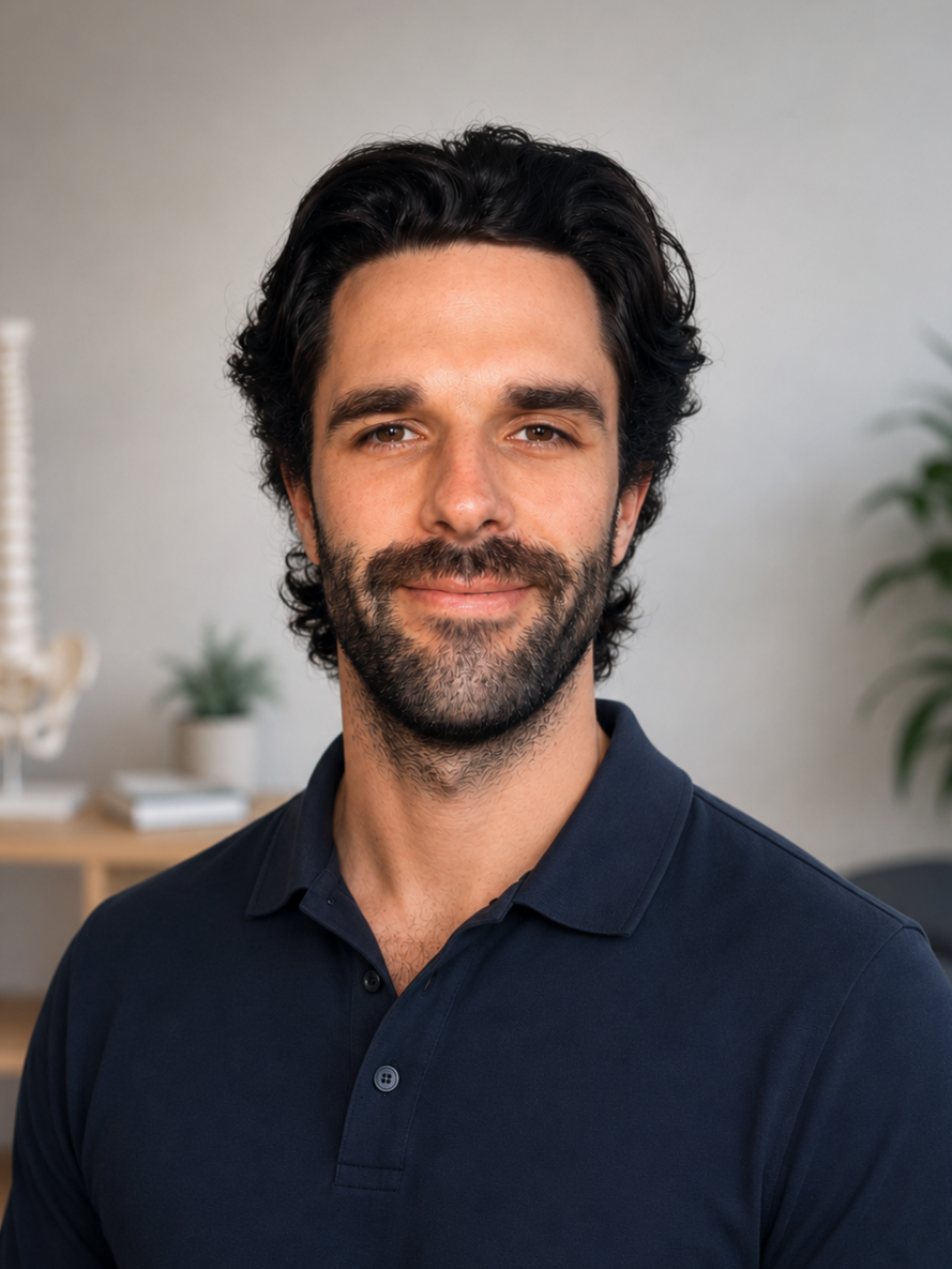 Portrait of a man with dark, curly hair and a beard, wearing a navy polo shirt, standing in a room with a plant and decor in the background.