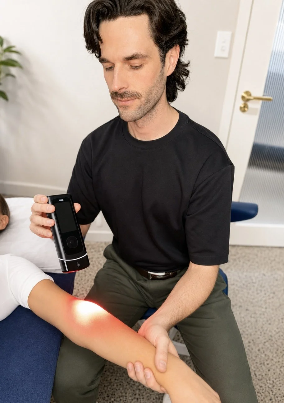 A healthcare professional or researcher is examining a person's arm with a laser device, possibly for medical or therapy purposes, in a clinical setting.