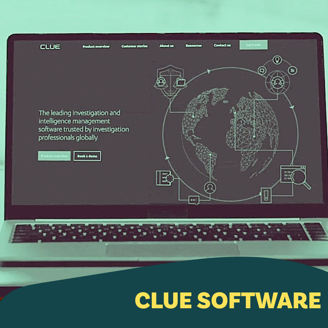 A laptop screen displaying the homepage of Clue Software, a cybersecurity and investigation software, with a world map graphic and navigation links. The laptop is on a table with a teal background, and a banner at the bottom reads "Clue Software" in yellow text.