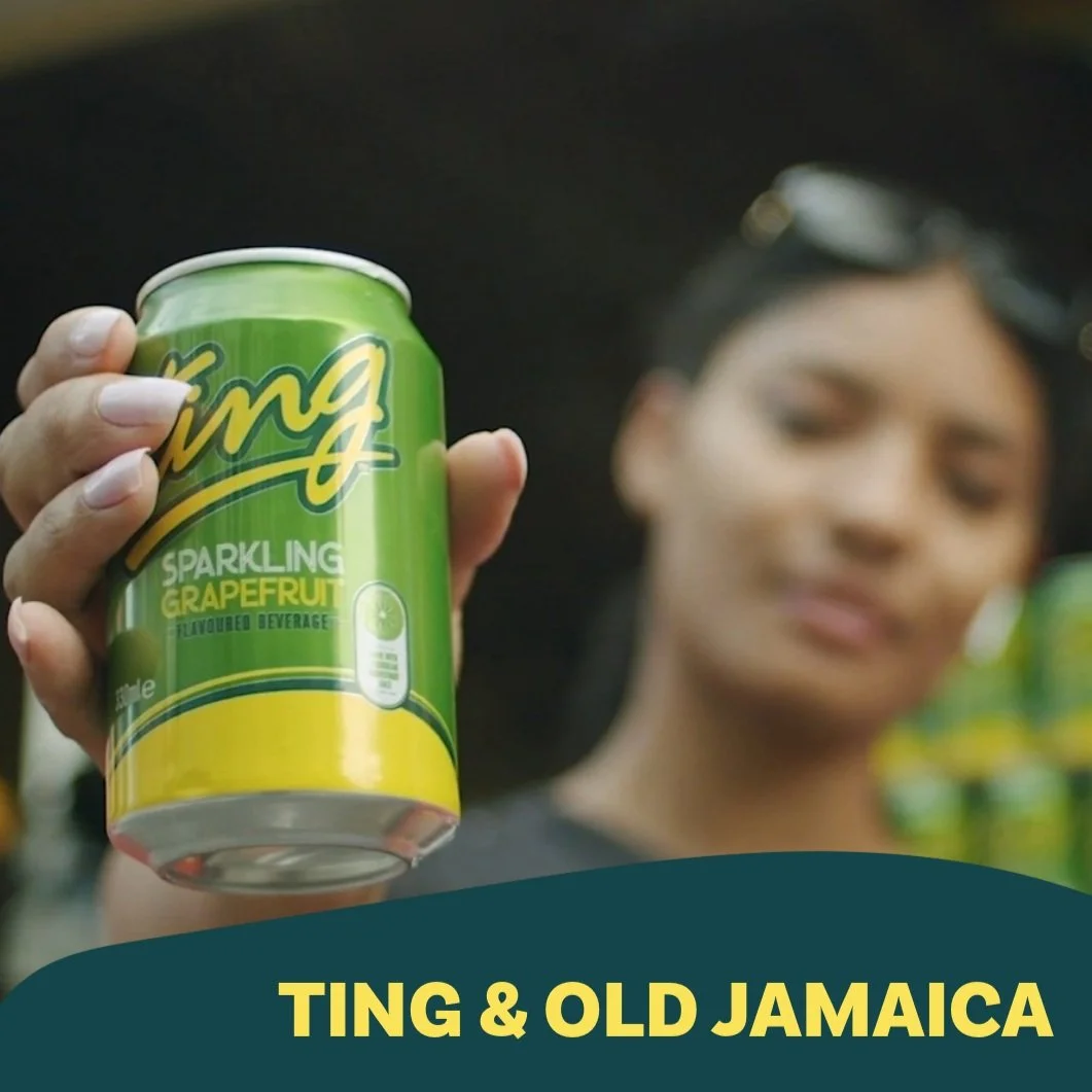 A person holding a green can of Ting sparkling grapefruit flavored beverage, with a blurred woman in the background, and the text 'Ting & Old Jamaica' at the bottom.