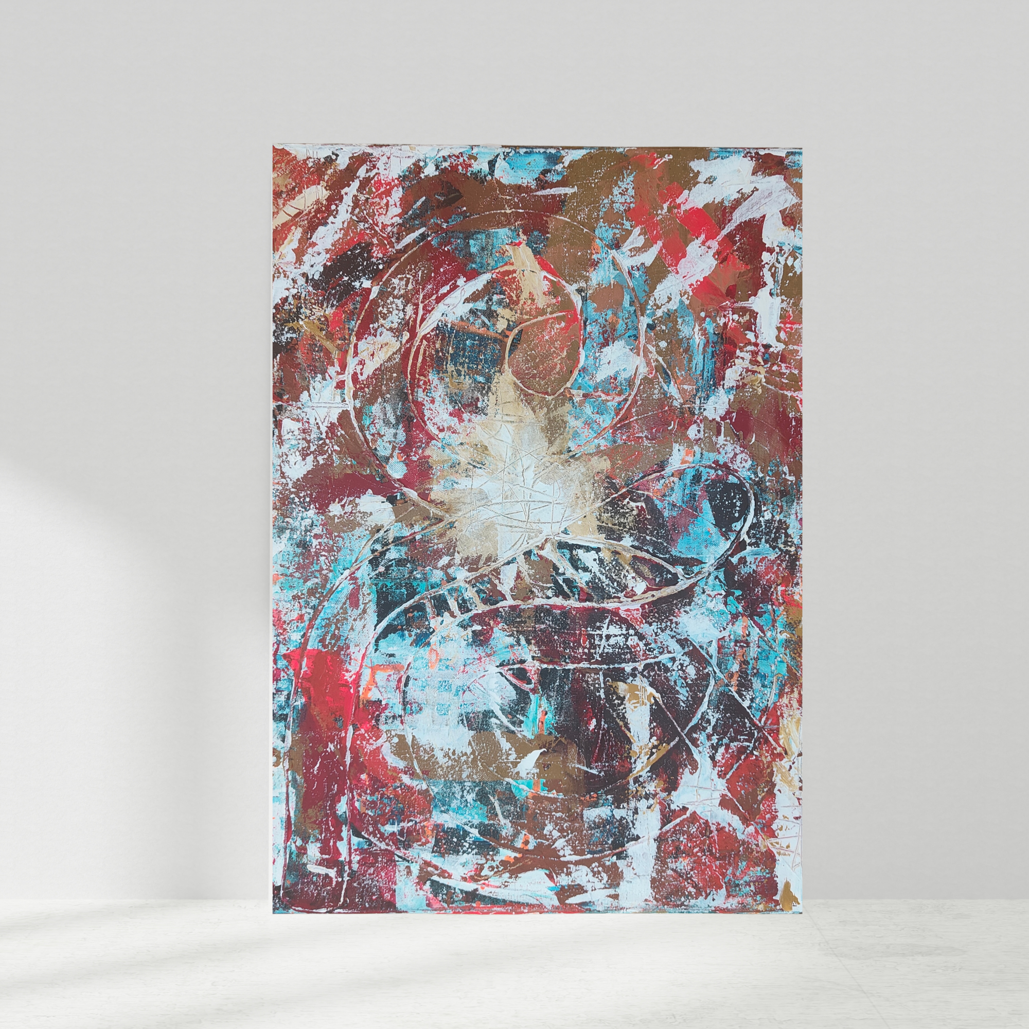 Abstract expressionist painting featuring bold splashes of red, white, blue, and gold on canvas.