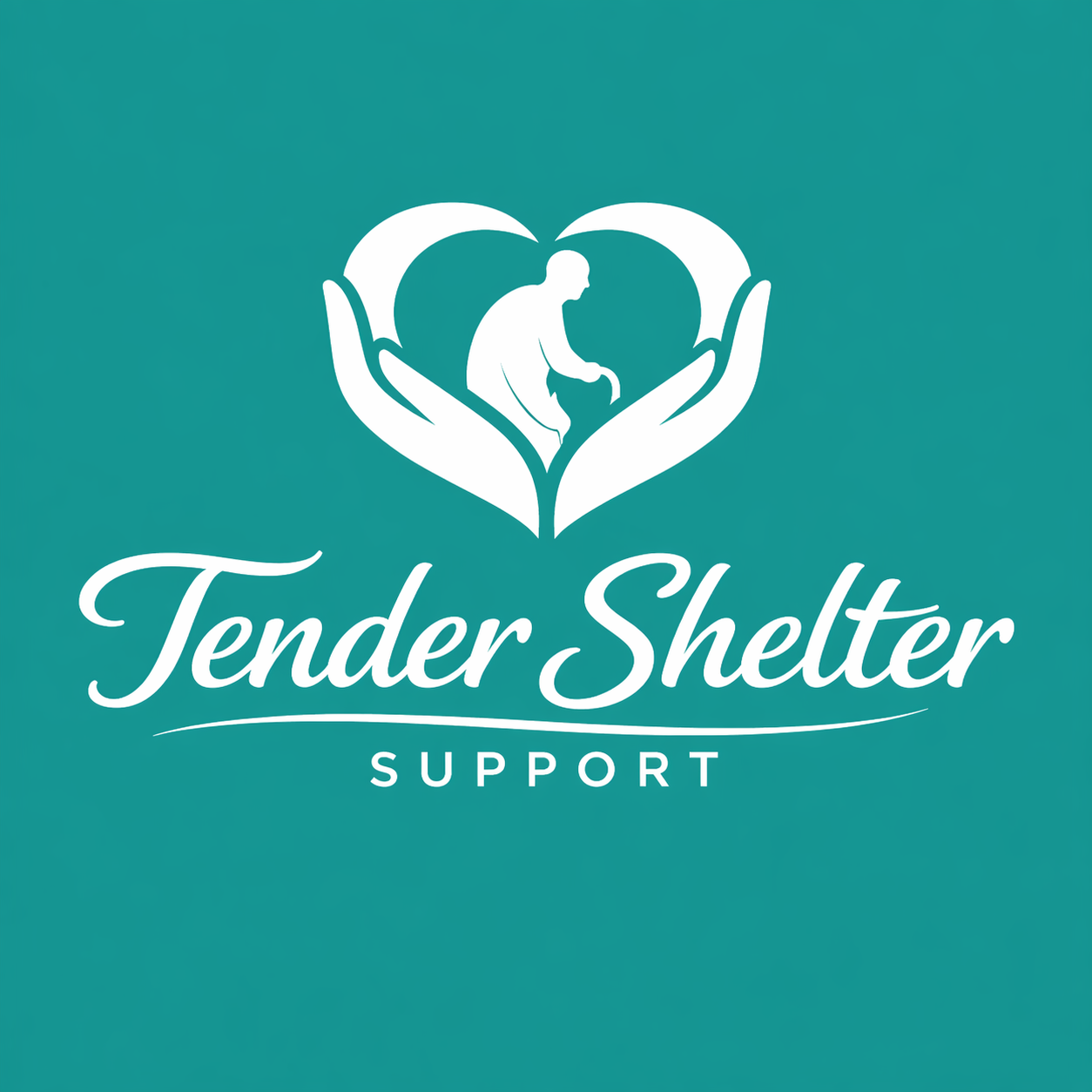 Logo for Tender Shelter Support featuring hands forming a heart shape around a mother and baby silhouette