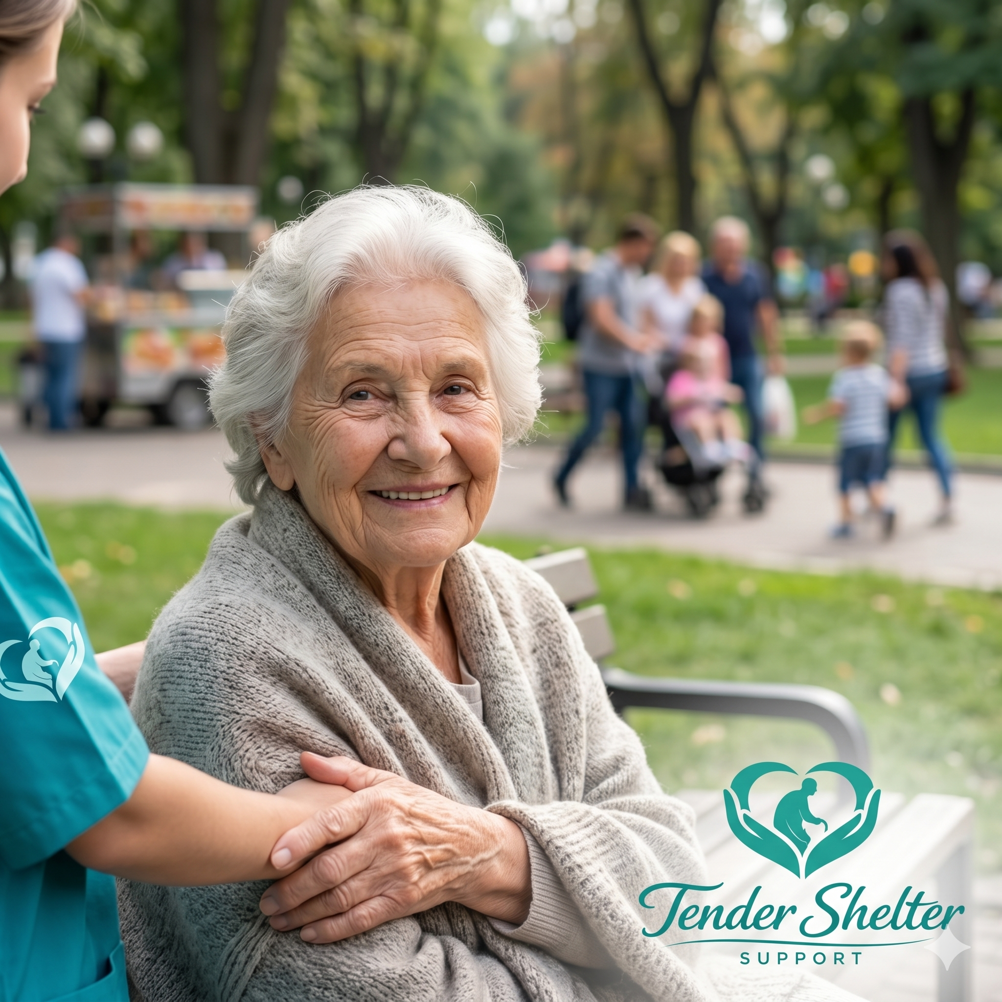 Older woman with white hair smiling as a caregiver holds her hand at an outdoor shelter. Logo reads "Tender Shelter Support".