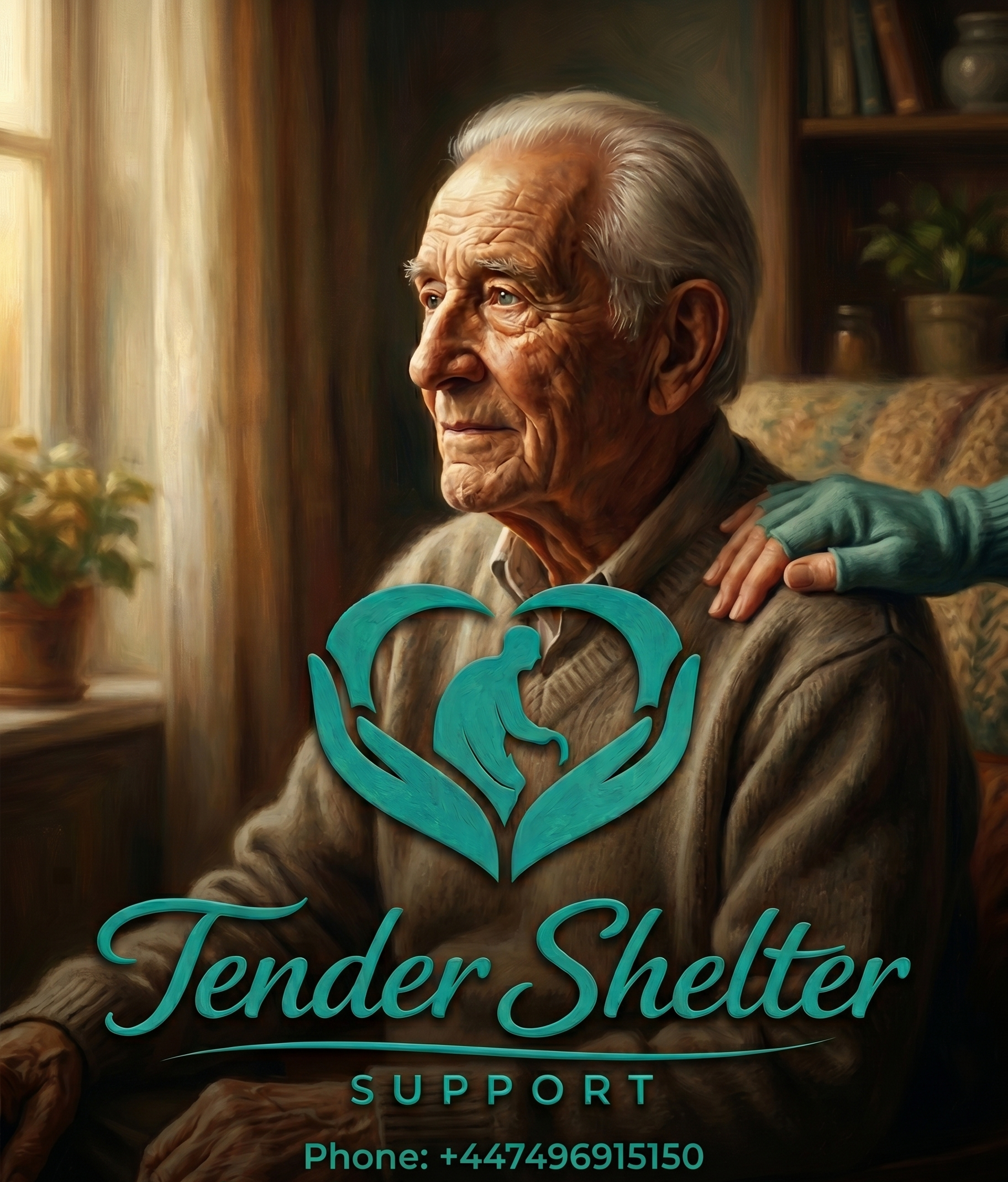 Close-up of a business sign for TENDER SHELTER SUPPORT, with a background of an elderly woman sitting in a cozy room, holding a teal decorative object, near a window and bookshelf.