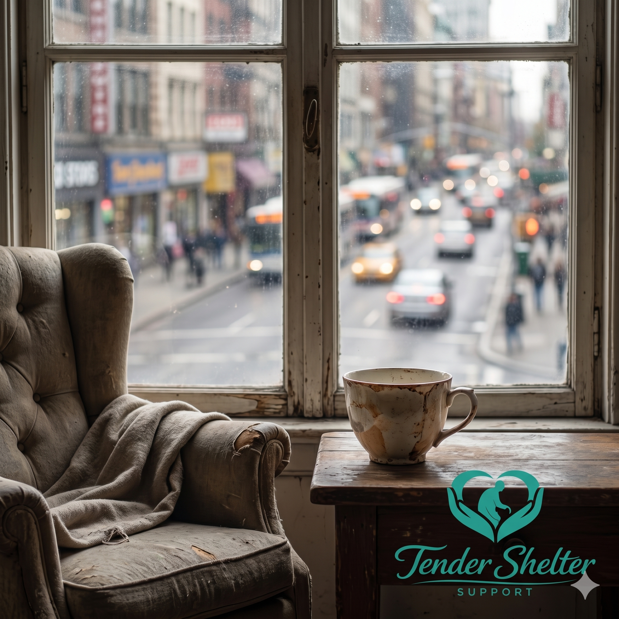 A worn beige sofa with a blanket, sitting by a window with raindrops and blurry cityscape outside, in an indoor setting.