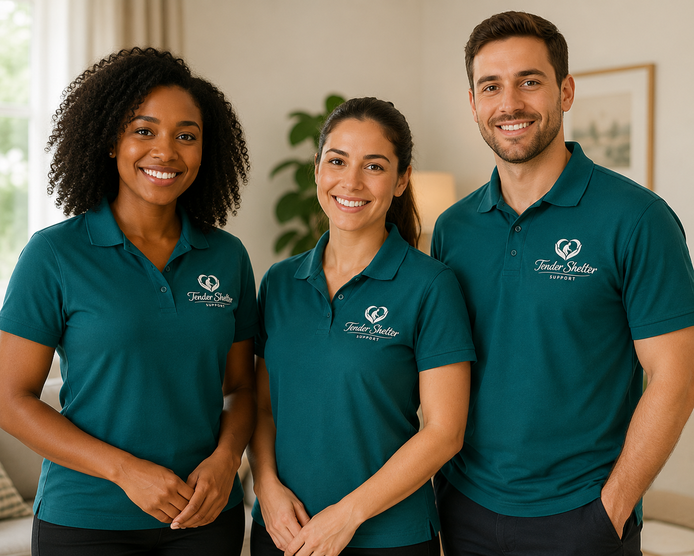Three support team members wearing teal polo shirts with 'Tender Shelter SUPPORT' logo, standing indoors and smiling at the camera.