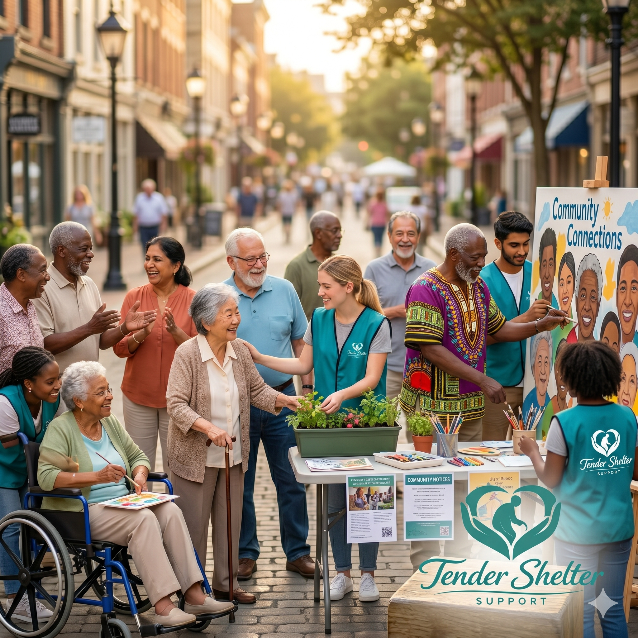 A diverse group of people, including elderly and individuals in wheelchairs, talking and smiling at an outdoor community event on a city street, with booths and signs supporting the 'Tender Shelter' support organization.
