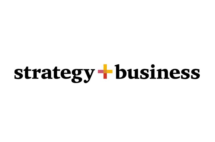 The words 'strategy' and 'business' are separated by a plus sign composed of colored blocks in red, yellow, and brown, on a white background.