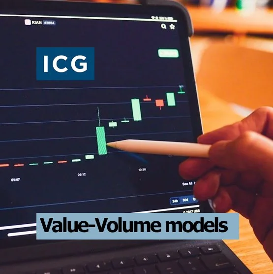 A person holding a stylus and pointing at a stock trading chart on a laptop screen, with the label ICG and the caption "Value-Volume models" at the bottom.