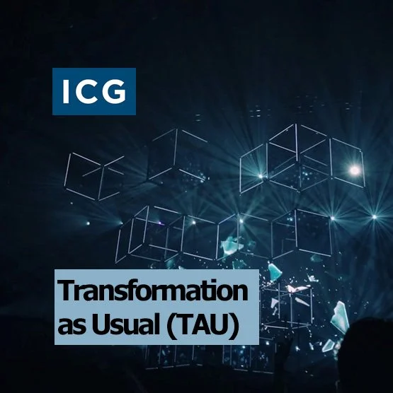 Graphic with the ICG logo and the text 'Transformation as Usual (TAU)' over a dark background with geometric light effects.