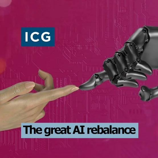 Image of a human hand touching a robotic hand against a pink circuit board background, with the text 'ICG' and the phrase 'The great AI rebalance'.