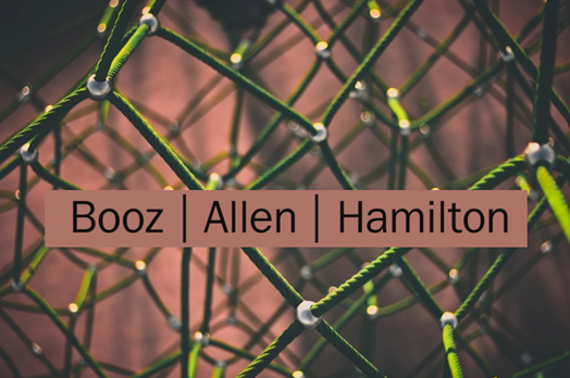 Close-up of a geometric maze of green, black, and yellow strings or wires with a brown rectangle overlay containing the names Booz, Allen, Hamilton.