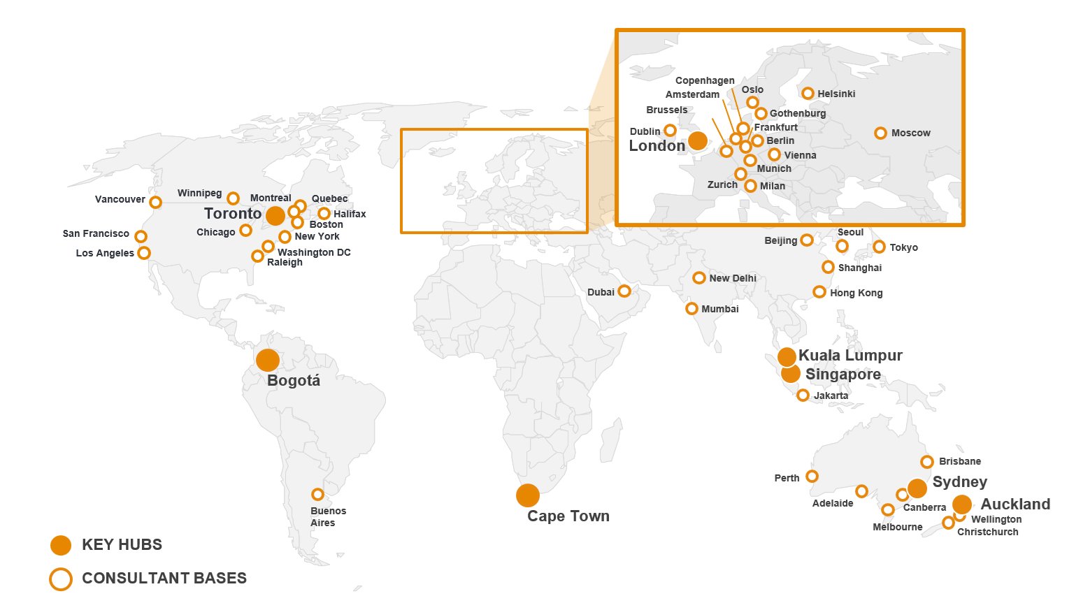 World map showing key hubs and consultant bases in various cities around the world. Key hubs are represented by large orange circles, including cities like Toronto, Bogotá, Cape Town, Sydney, and Singapore.