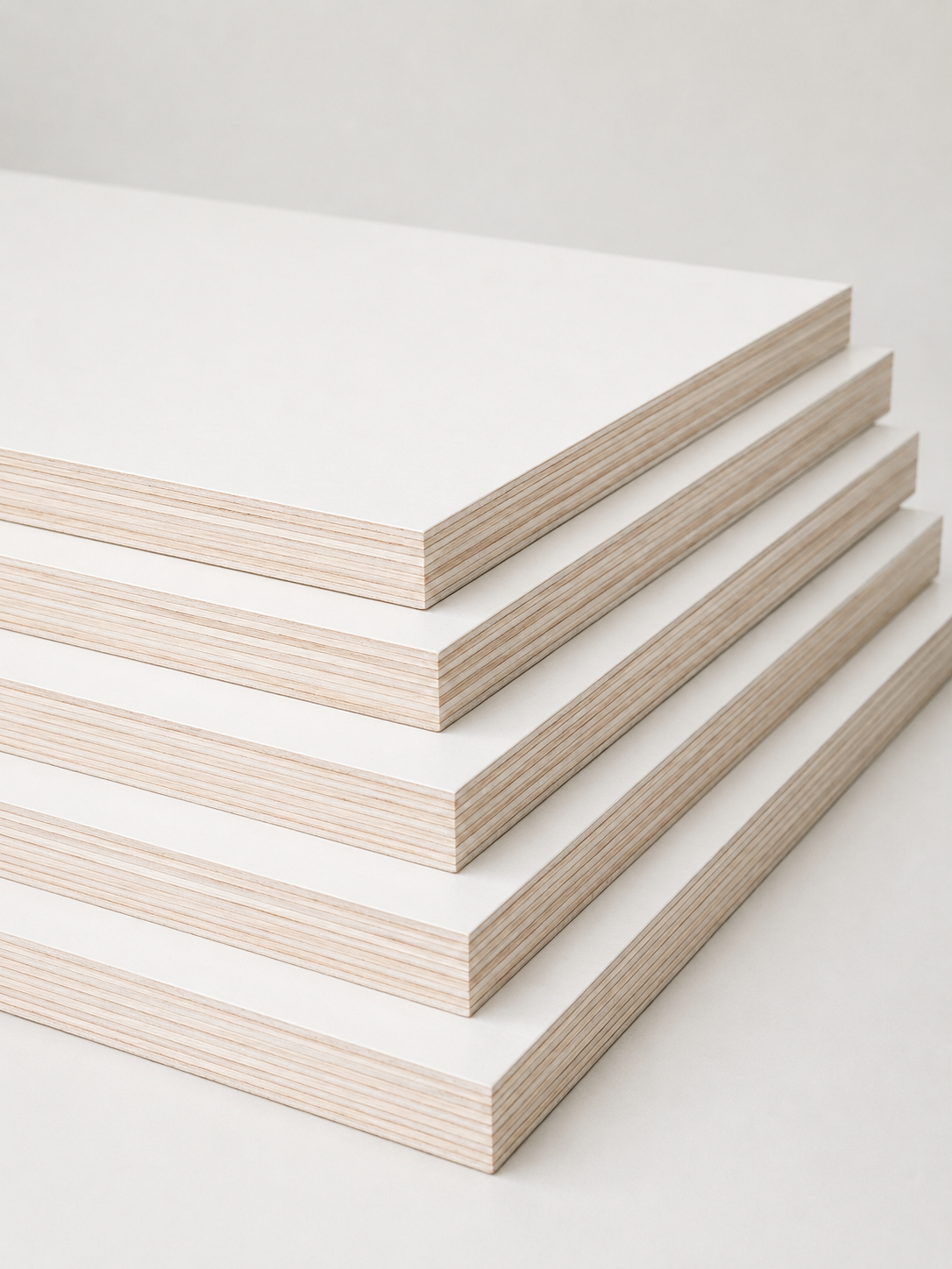 Stacked sheets of white plywood with a smooth surface and visible wood core edges.