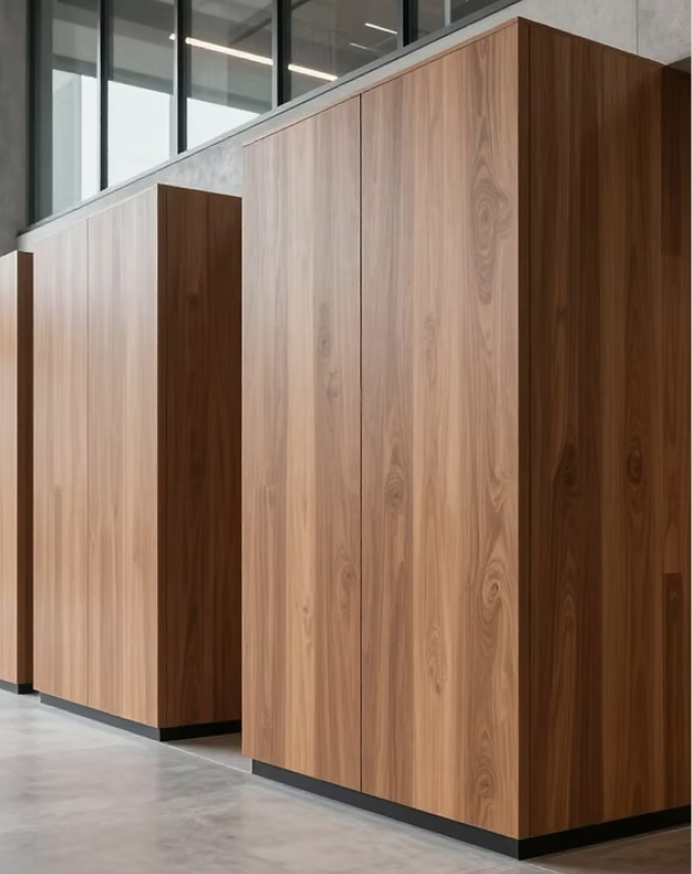 Modern wooden storage lockers in a contemporary building interior.