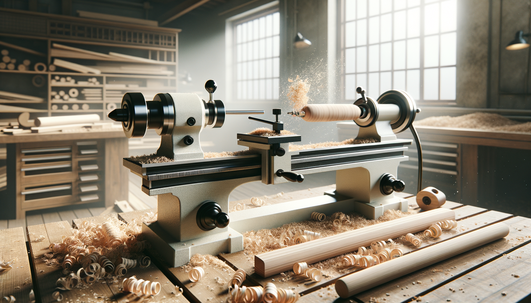 A wood lathe machine in a woodworking workshop actively turning a wooden piece, with wood shavings scattered around and shelves filled with woodworking supplies in the background.