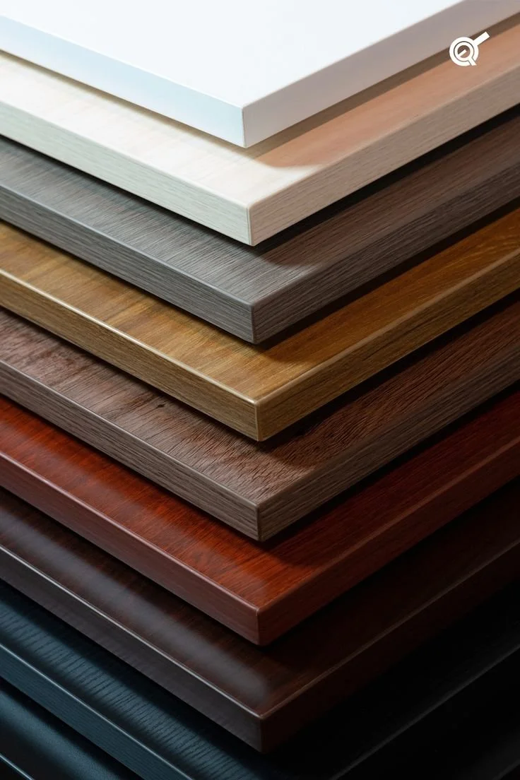 Stack of various wooden and laminate flooring samples in different colors and finishes.