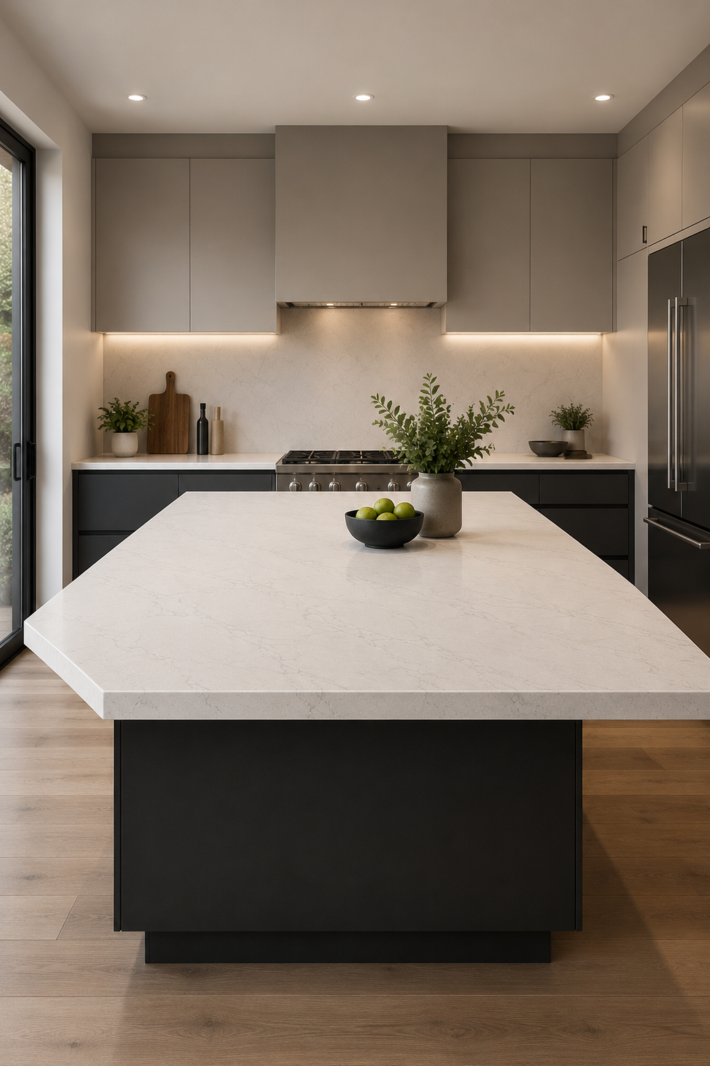 Modern kitchen with a light-colored island countertop, black lower cabinets, gray upper cabinets, and stainless steel appliances. Green plants and bowls of apples are on the counter and island.
