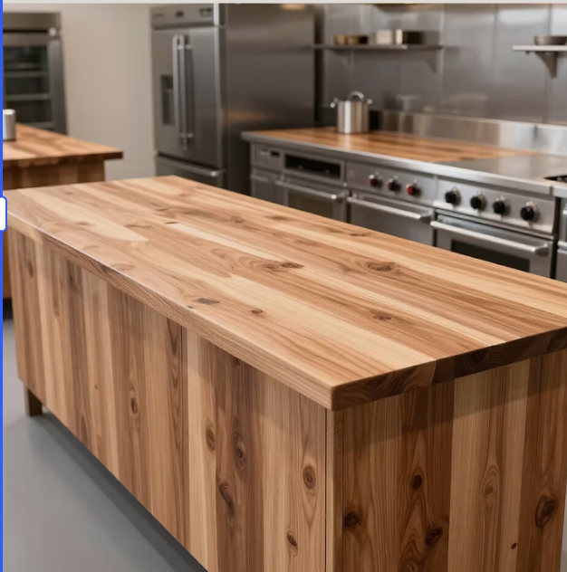 Wooden kitchen island with a smooth surface in a modern kitchen with stainless steel appliances.