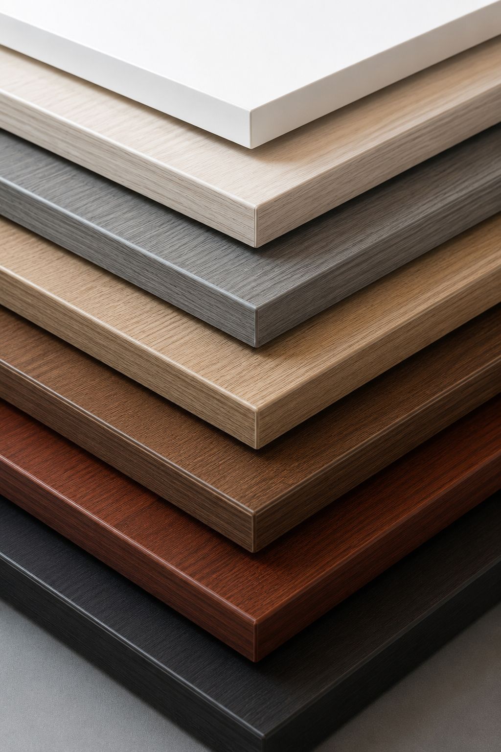 Stacked laminate wood samples in various colors from white to black.