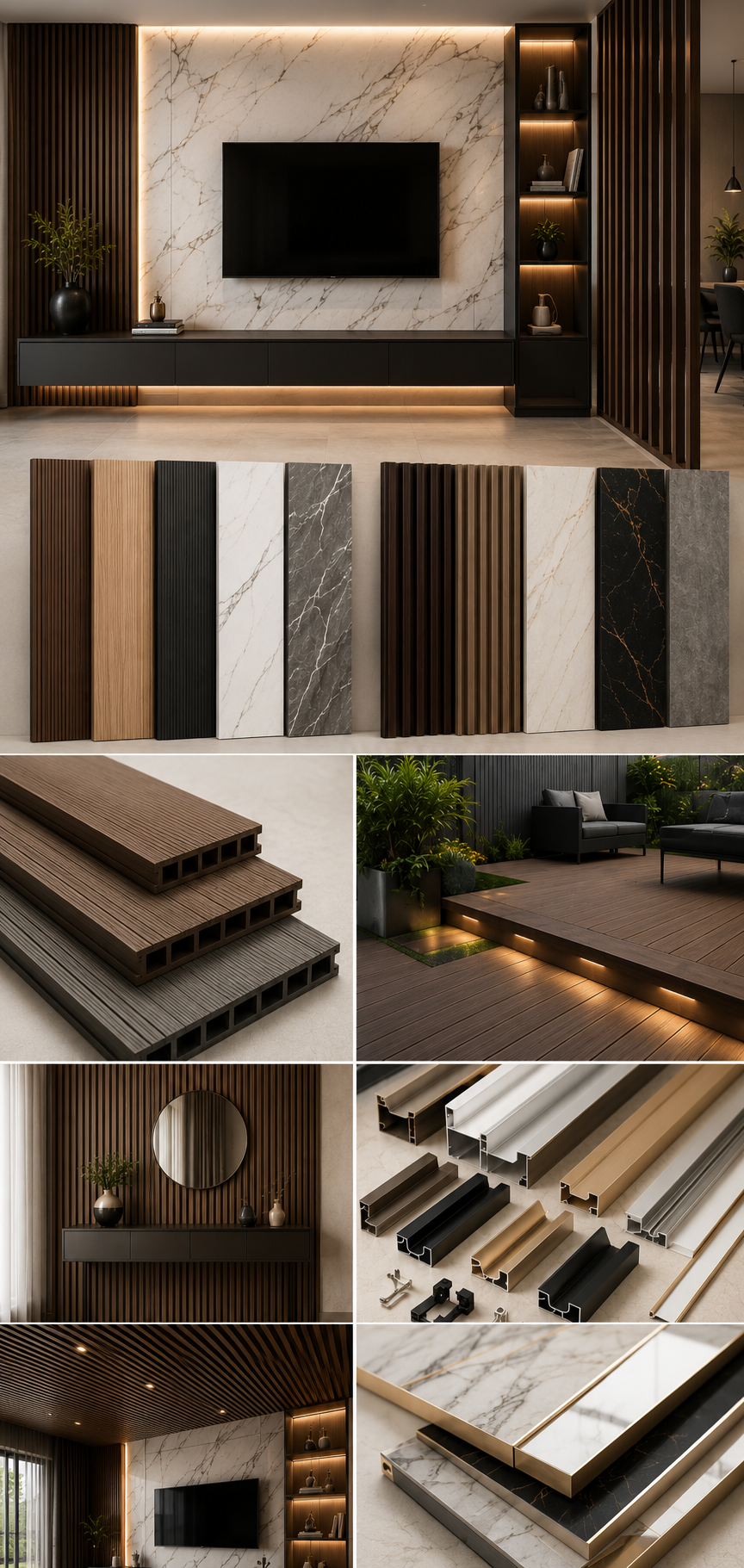 Collection of interior decor materials including wood, marble, aluminum profiles, and lighting fixtures for modern interior design.