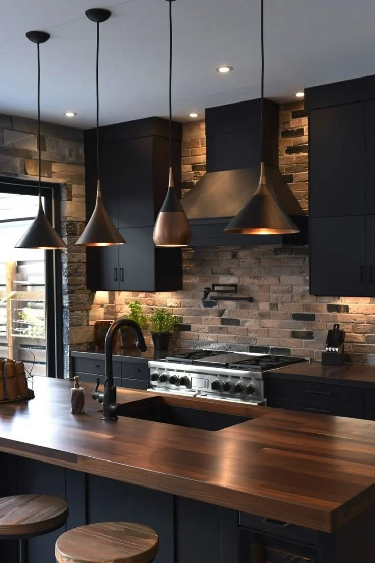 Modern kitchen with black cabinetry, brick backsplash, wooden island, black sink, hanging bronze pendant lights, stainless steel stove, and a potted plant near the window.