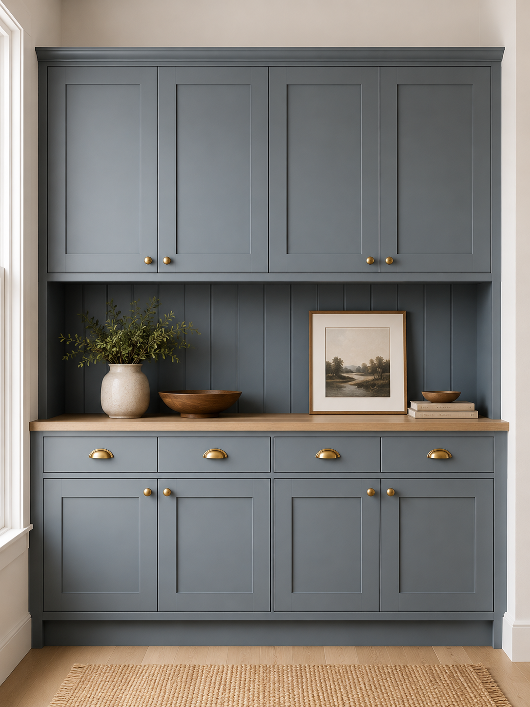 Blue built-in cabinet with brass knobs, decorative objects, and a painting on a wood countertop.