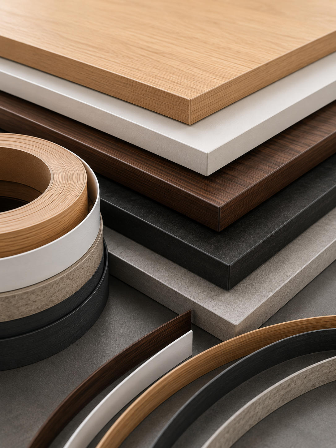 Stacked samples of different types of wood laminate and vinyl flooring in various colors and finishes.
