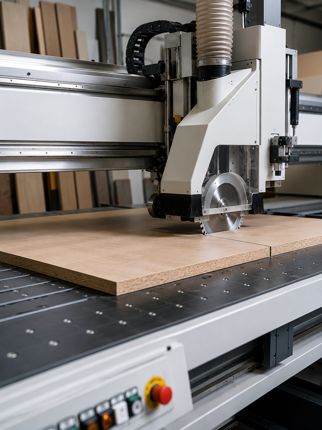 A CNC woodworking machine cutting a sheet of plywood in a workshop.