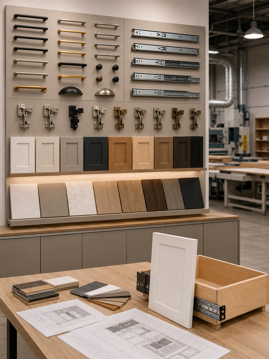 Display of cabinet hardware, door handles, hinges, cabinet samples, and furniture finish materials in a woodworking or interior design showroom with a work table, sketches, color samples, and wood textures.