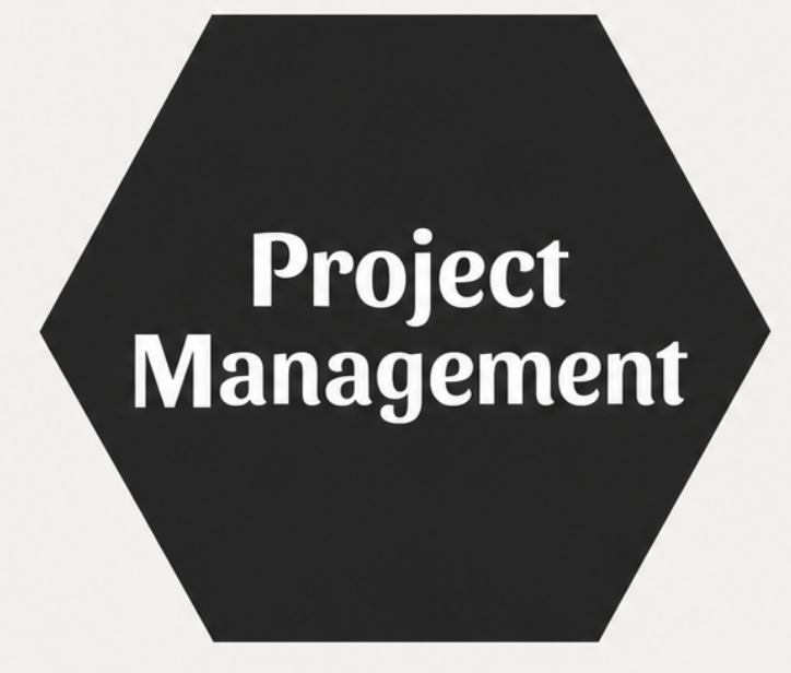 A black hexagon with the words 'Project Management' in white text inside it.